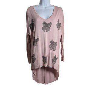 Lauren Moshi XS Light pink oversized Long sleeve tee black bows hi low hem NWT